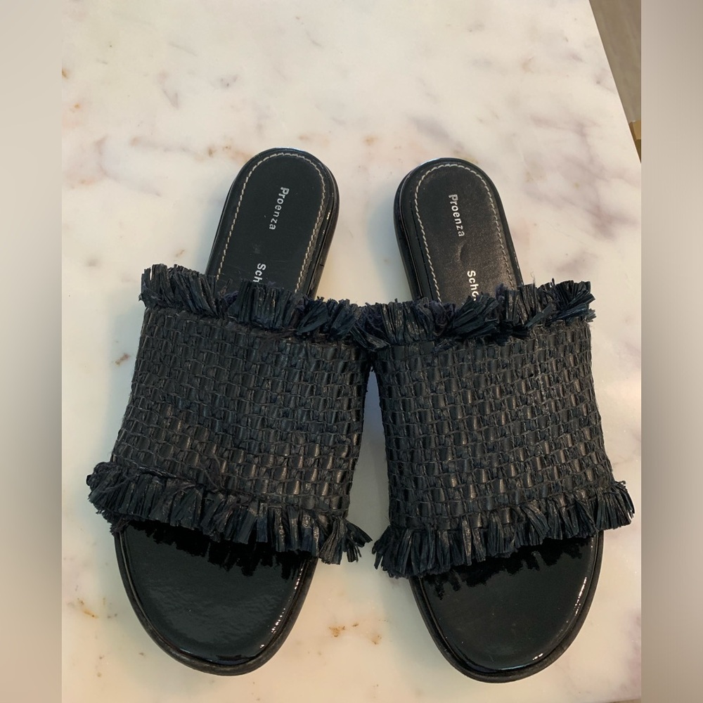 Proenza Schouler black woven raffia fringe slides. Size 36